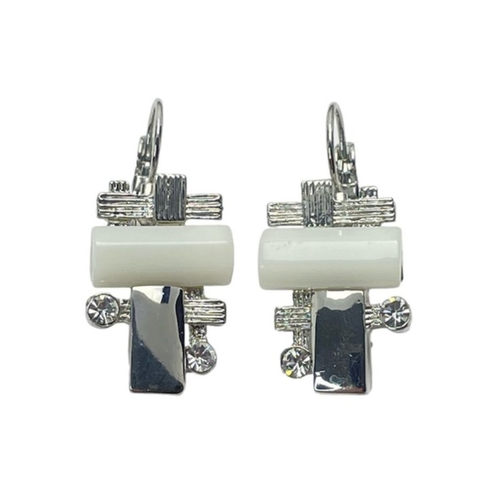 Vintage Silver White Geometric Dangle Earrings
